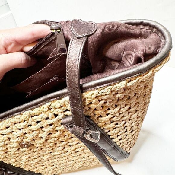 Brighton Natalie Basket Straw Woven Handbag Purse Tote Bronze Brown Leather Trim - Picture 8 of 13